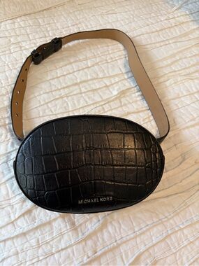 Michael Kors Black Croc-Embossed Oval Belt Bag with Tan Strap Lining